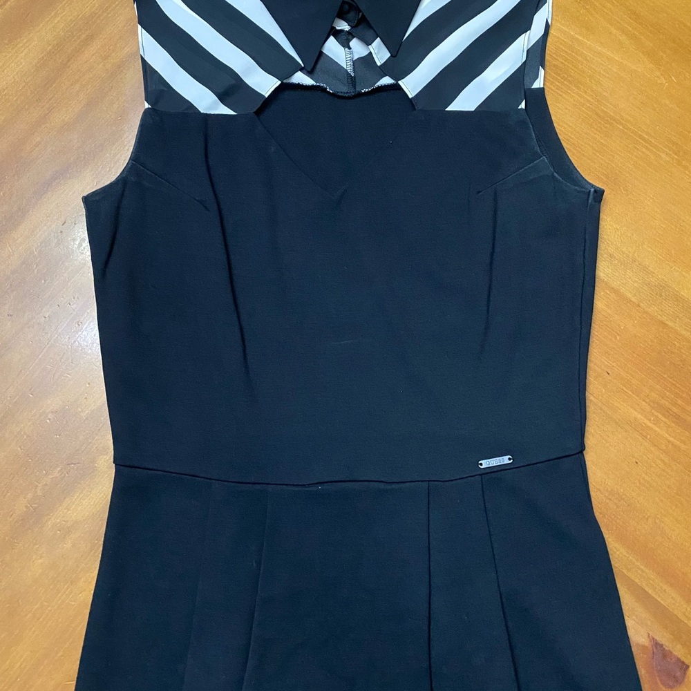 Guess Black Sleeveless Peplum Top with Striped Collar